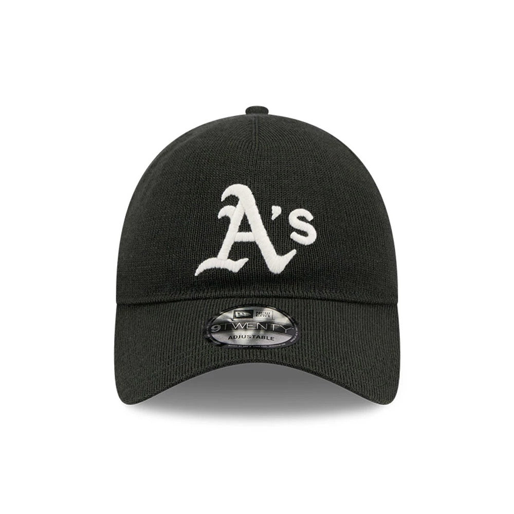 Athletics MLB Merino Wool Dark Green New Era 9TWENTY Adjustable Cap, front view showing raised white embroidered A's logo on the dark green crown with a curved visor and a 9TWENTY size sticker.