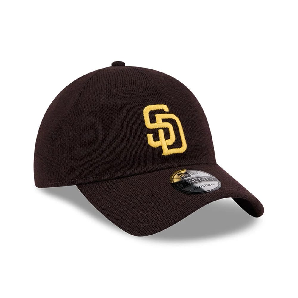 San Diego Padres MLB Merino Wool Dark Brown New Era 9TWENTY Adjustable Cap, three-quarter view showing the yellow embroidered SD logo on the front panel, with a curved visor and a black 9TWENTY size sticker.