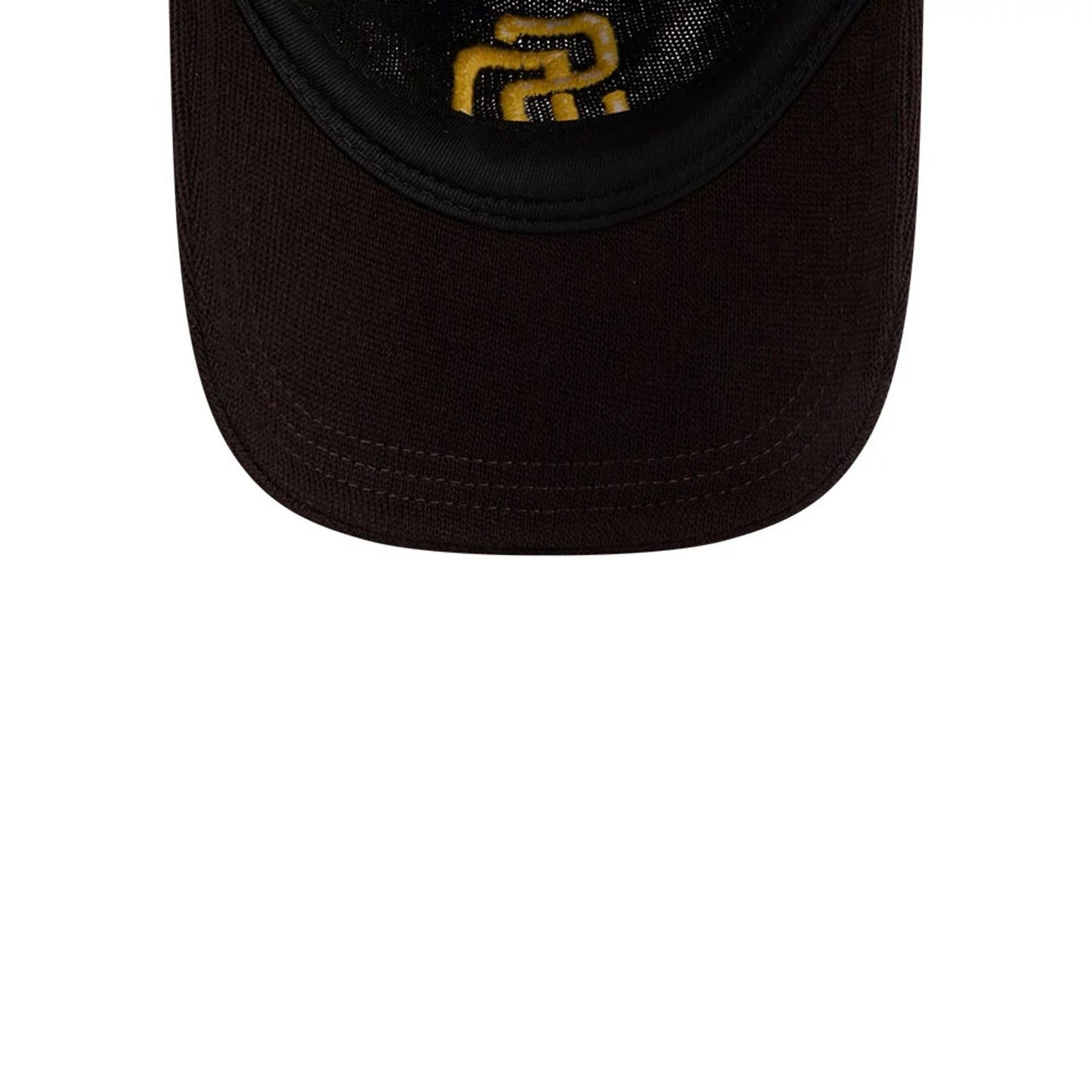San Diego Padres MLB Merino Wool Dark Brown New Era 9TWENTY Adjustable Cap, inside view showing the black sweatband and dark brown undervisor, with a glimpse of the embroidered logo partially through the cap's mesh lining.