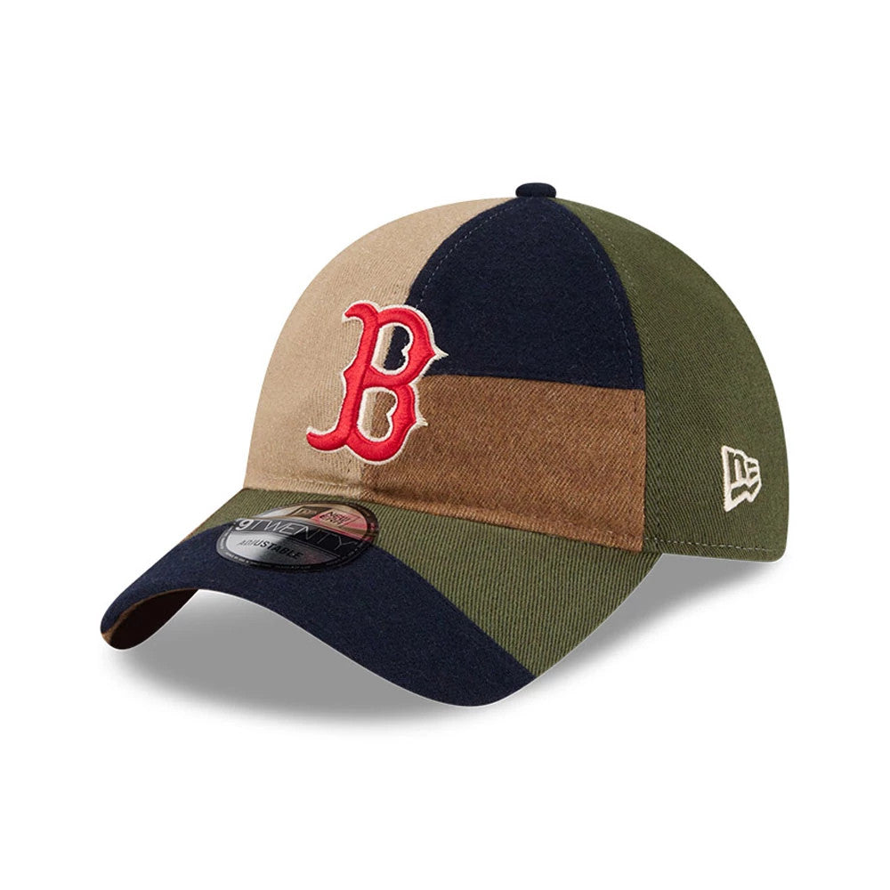 Boston Red Sox MLB Patchwork Open Brown New Era 9TWENTY Adjustable Cap, three-quarter view with the red embroidered B logo on the front panel, contrasting patchwork crown, and New Era flag logo on the left side of the visor.