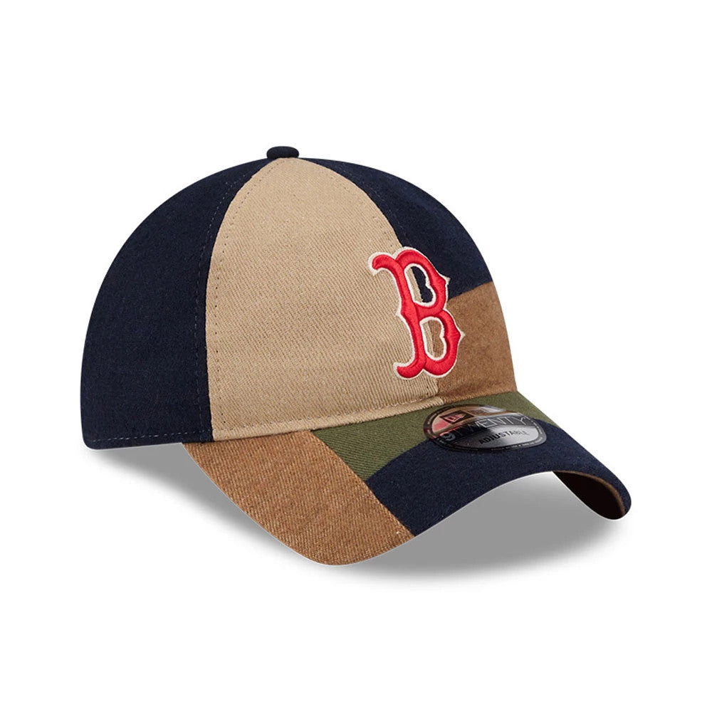 Boston Red Sox MLB Patchwork Open Brown New Era 9TWENTY Adjustable Cap, three-quarter view showing the red embroidered front panel logo with a raised B, a patchwork design in contrasting brown tones and a 9TWENTY size sticker on the visor.