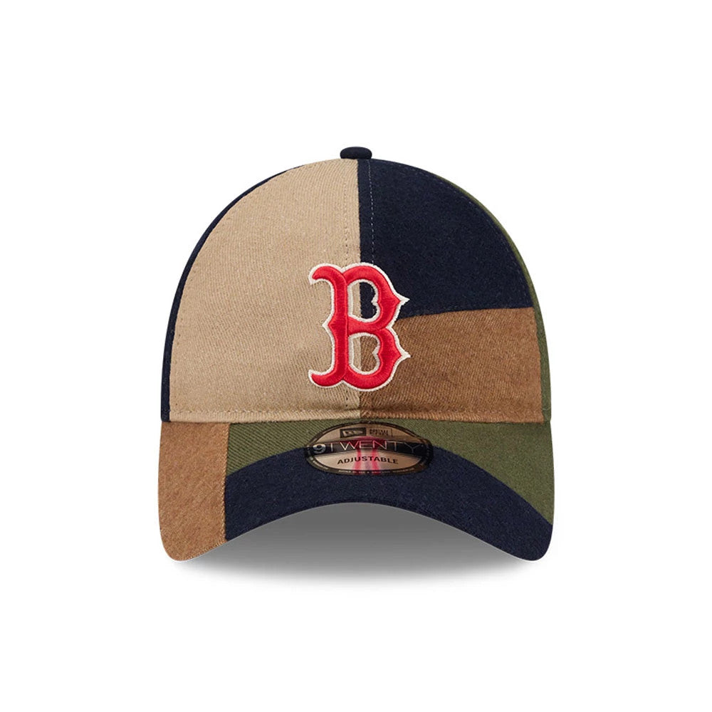 Boston Red Sox MLB Patchwork Open Brown New Era 9TWENTY Adjustable Cap, front view showing the raised red embroidered Boston B logo on a patchwork design of brown, navy, and green panels, with a 9TWENTY size sticker on the visor.