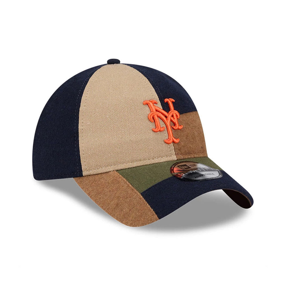 New York Mets MLB Patchwork Open Brown New Era 9TWENTY Adjustable Cap, three-quarter view showing the orange embroidered Mets logo on the front panel, with a mixed patchwork design and a 9TWENTY size sticker on the curved visor.
