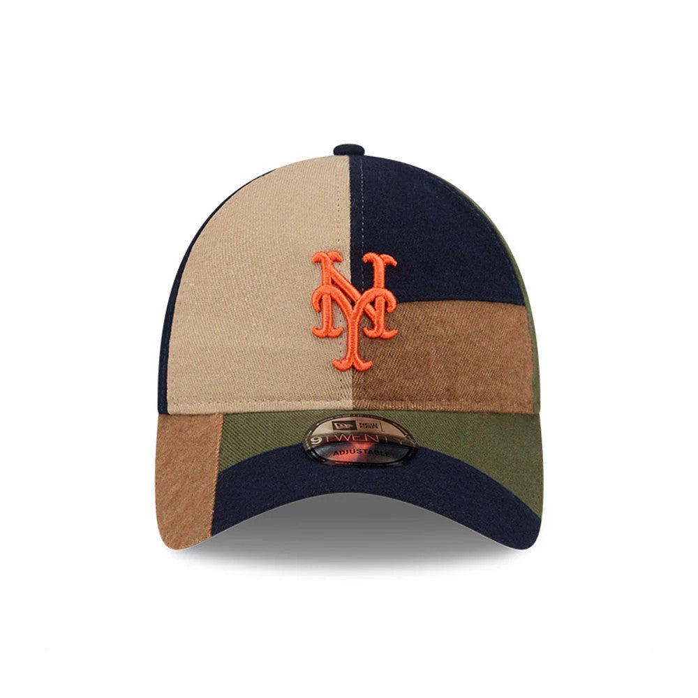 New York Mets MLB Patchwork Open Brown New Era 9TWENTY Adjustable Cap, front view showing the orange raised embroidered Mets logo on a patchwork crown of navy, tan, and brown panels, with a navy visor and a 9TWENTY size sticker.