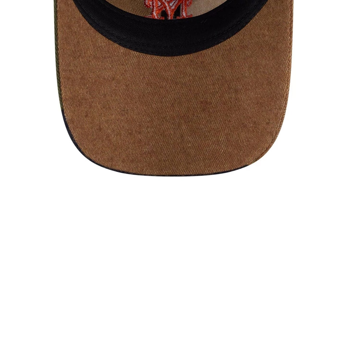 New York Mets MLB Patchwork Open Brown New Era 9TWENTY Adjustable Cap, inside view showing the brown undervisor with black edge trim and the underside of the embroidered Mets logo appearing through the front fabric.