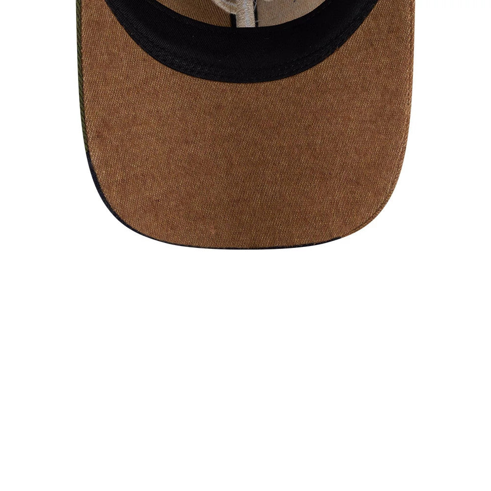 Philadelphia Phillies MLB Patchwork Open Brown New Era 9TWENTY Adjustable Cap, inside view showing the light tan sweatband, beige taping on panels, and the dark brown undervisor beneath the curved cotton visor.