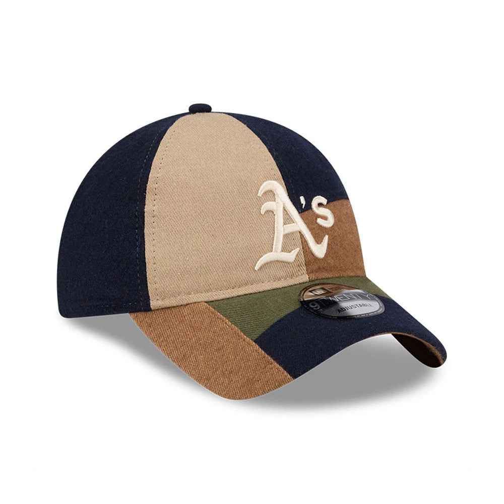 Athletics MLB Patchwork Open Brown New Era 9TWENTY Adjustable Cap, three-quarter view showing the white raised A’s logo on the multi-coloured panels and a black 9TWENTY size sticker on the brown curved visor.