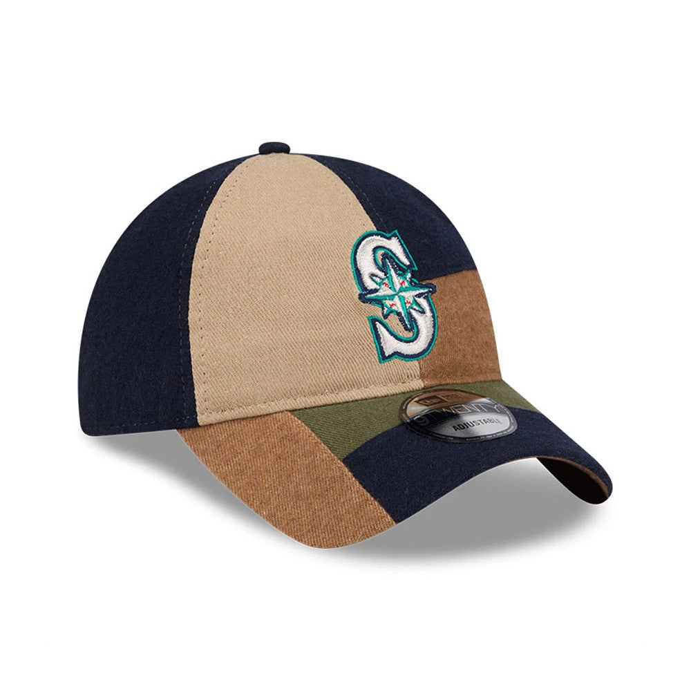 Seattle Mariners MLB Patchwork Open Brown New Era 9TWENTY Adjustable Cap, three-quarter view with a teal embroidered Mariners logo on the front panel, featuring a multi-toned patchwork design and a 9TWENTY size sticker on the visor.