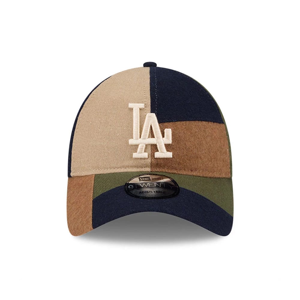 LA Dodgers MLB Patchwork Open Brown New Era 9TWENTY Adjustable Cap, front view showing the white LA logo in raised embroidery on the multi-toned patchwork panels with the 9TWENTY size sticker on the curved visor.
