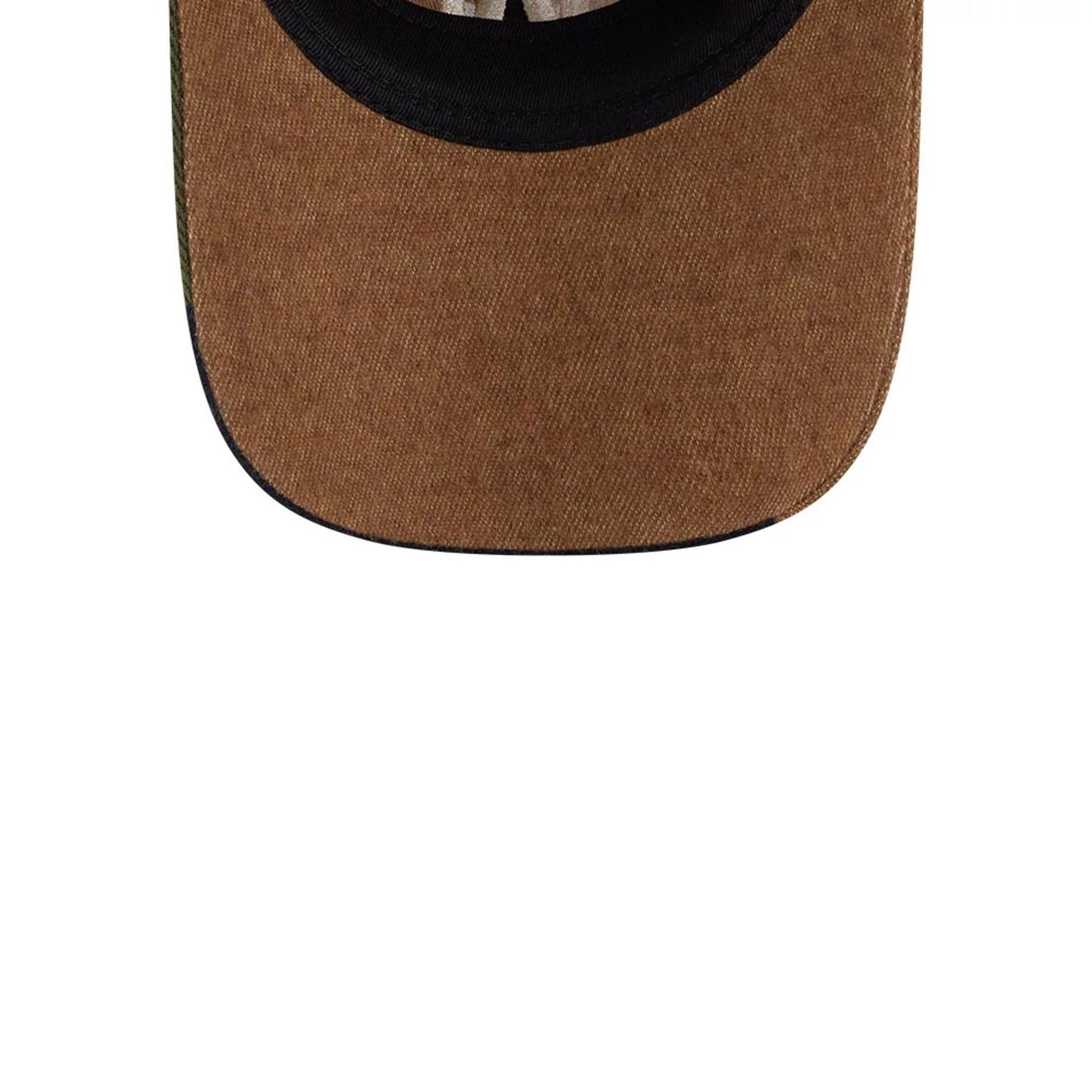 LA Dodgers MLB Patchwork Open Brown New Era 9TWENTY Adjustable Cap, inside view showing the brown undervisor, black sweatband, and printed taping, with a clear view of the open design.