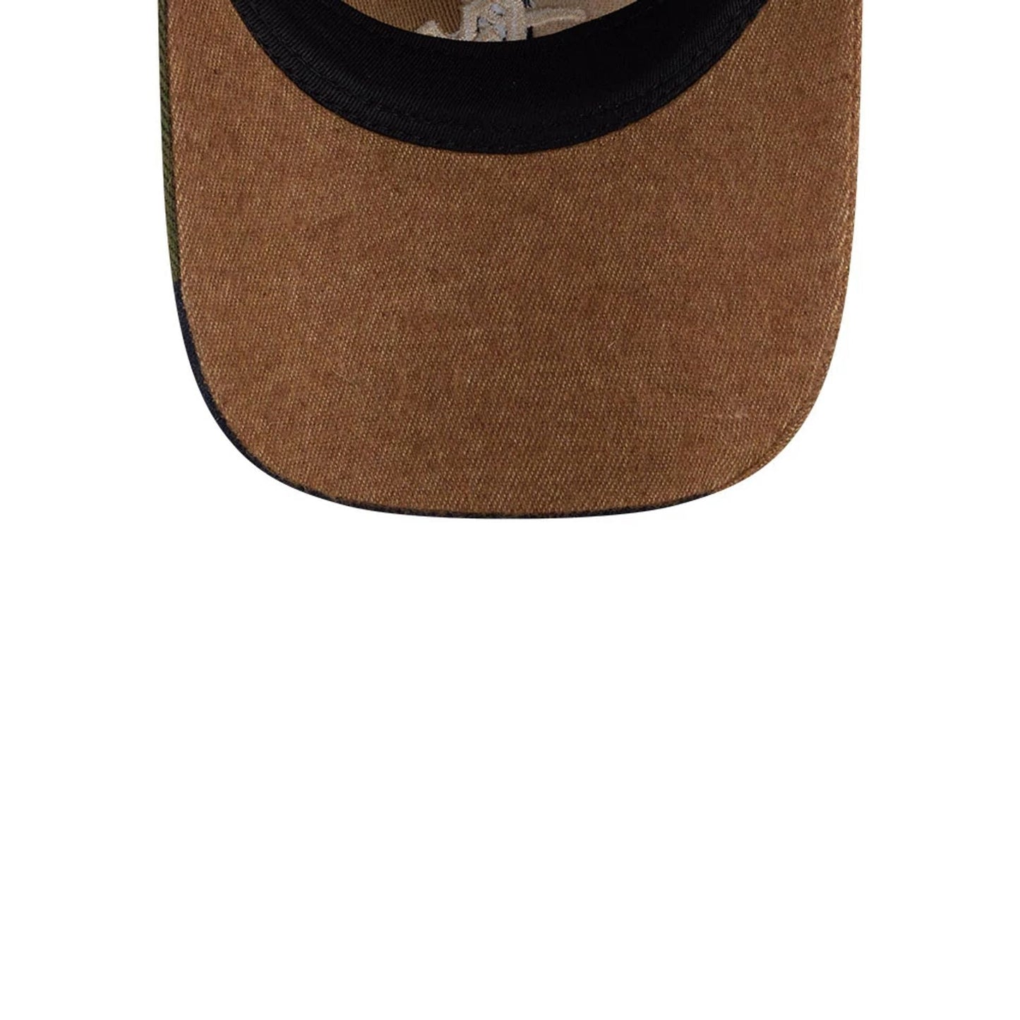 Chicago White Sox MLB Patchwork Open Brown New Era 9TWENTY Adjustable Cap, inside view showing black sweatband lining the interior of the brown visor and tan taping along the seams, with a graphic print on the fabric.