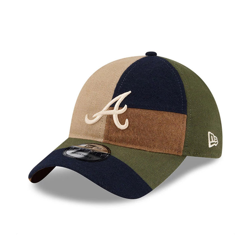 Atlanta Braves MLB Patchwork Open Brown New Era 9TWENTY Adjustable Cap, three-quarter view showing a cream embroidered A logo on the multicoloured patchwork panels, with a curved navy visor and a 9TWENTY size sticker.