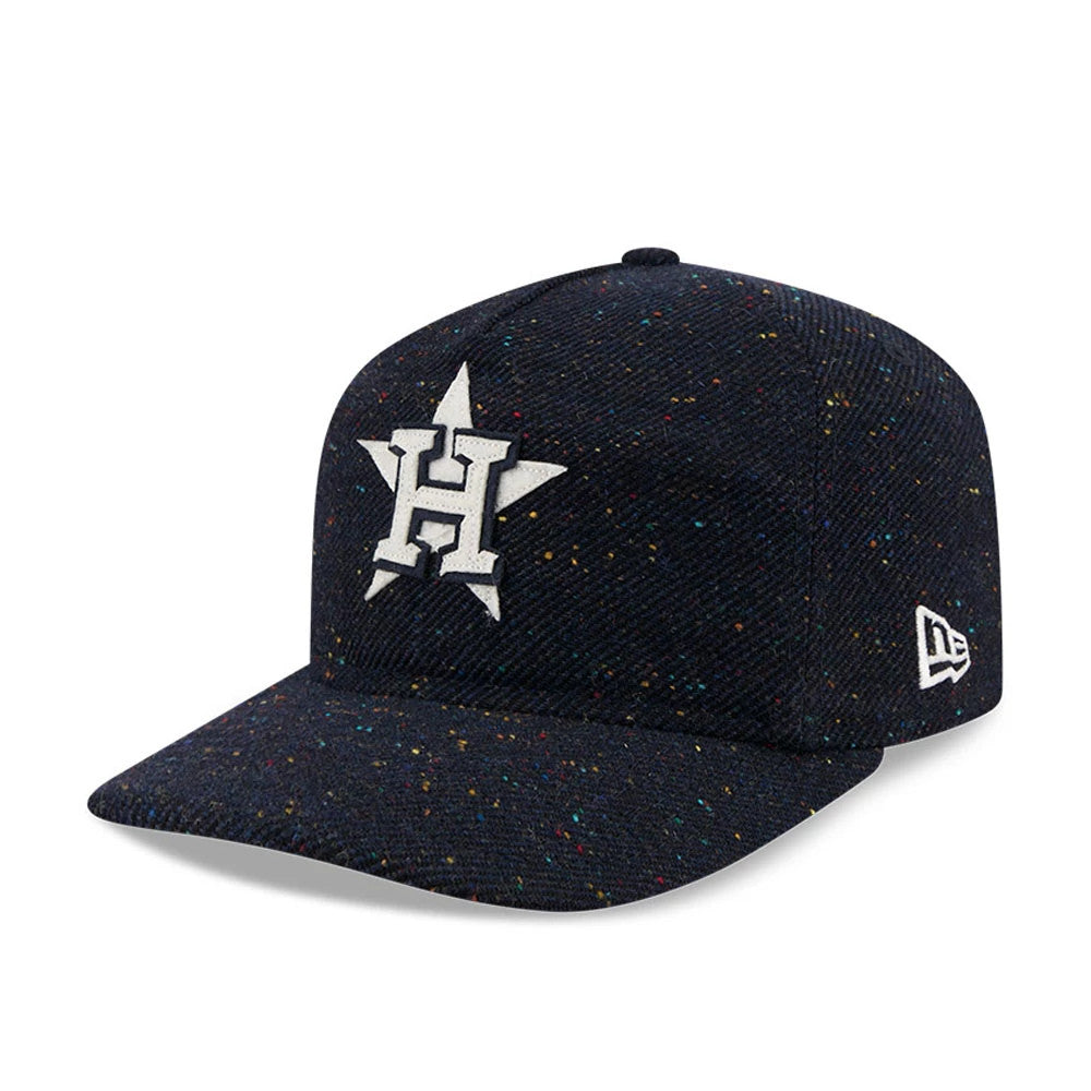 Houston Astros MLB Speckled Wool Navy New Era 19TWENTY Adjustable Cap, three-quarter view showing a white embroidered logo on the front panel, navy speckled visor, and white New Era flag logo on the left side.