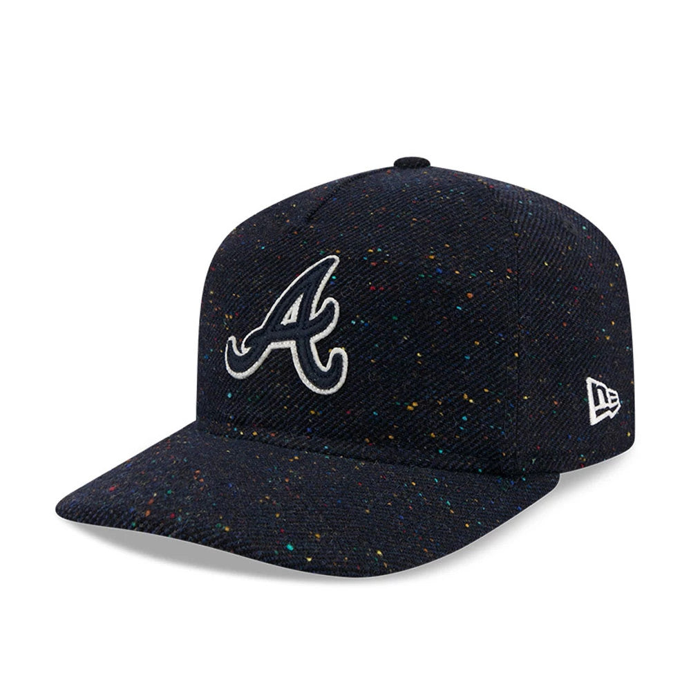 Atlanta Braves MLB Speckled Wool Navy New Era 19TWENTY Adjustable Cap, front view showing the white embroidered Atlanta Braves logo on the speckled navy wool front panel, with a flat visor and New Era flag logo on the left side.