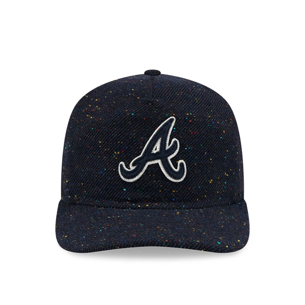 Atlanta Braves MLB Speckled Wool Navy New Era 19TWENTY Adjustable Cap, front view showing a white embroidered A logo on the speckled navy crown with a matching curved visor enhancing the wool texture.