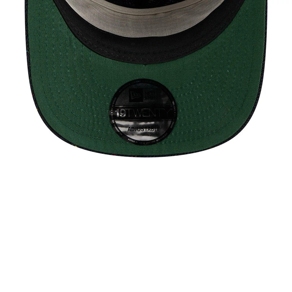 Atlanta Braves MLB Speckled Wool Navy New Era 19TWENTY Adjustable Cap, inside view showing a contrasting green undervisor with a black 19TWENTY size sticker, black sweatband, and light-coloured inner taping.