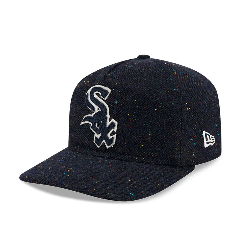 Chicago White Sox MLB Speckled Wool Navy New Era 19TWENTY Adjustable Cap, three-quarter view showing the white embroidered front logo with a navy speckled wool design, flat visor, and the New Era flag logo on the left side.