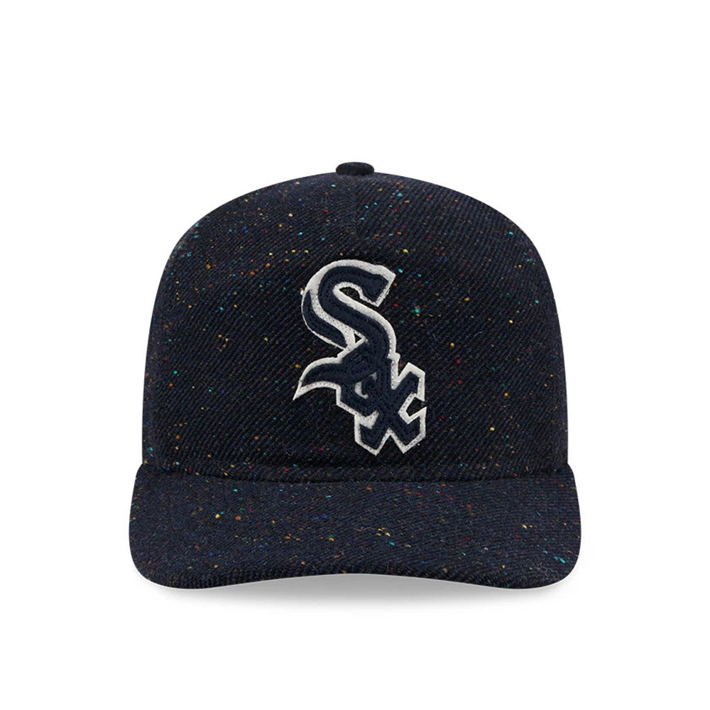 Chicago White Sox MLB Speckled Wool Navy New Era 19TWENTY Adjustable Cap, front view showing the raised embroidered white Sox logo on the speckled navy crown, with a flat visor completing the classic design.