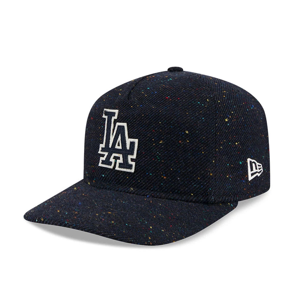LA Dodgers MLB Speckled Wool Navy New Era 19TWENTY Adjustable Cap, three-quarter view showing the raised white embroidered LA logo on the front panel, with a multicolour speckled pattern across the navy wool crown and visor.