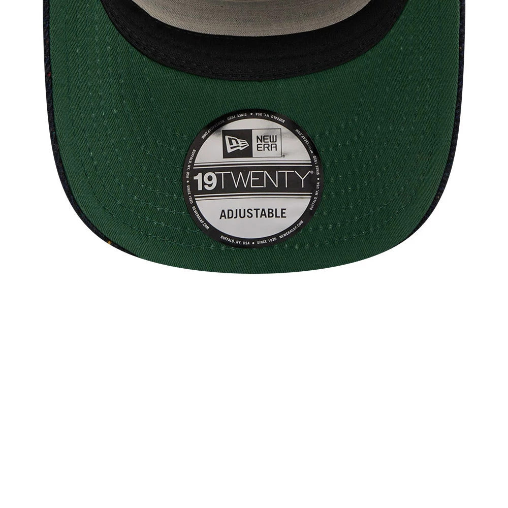 LA Dodgers MLB Speckled Wool Navy New Era 19TWENTY Adjustable Cap, inside view showing a light grey undervisor with a large black and white 19TWENTY adjustable sticker, and a contrast black sweatband around the interior.