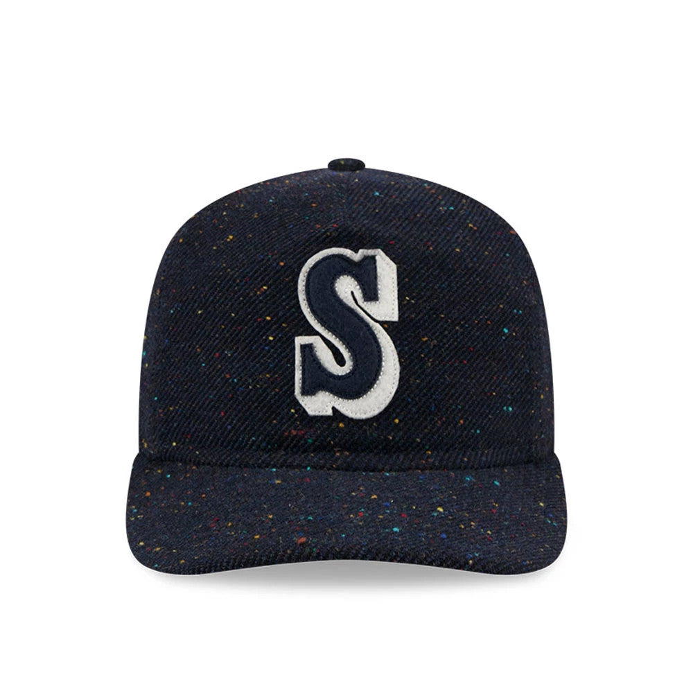 Seattle Mariners MLB Speckled Wool Navy New Era 19TWENTY Adjustable Cap, front view showing the large white embroidered S logo on the speckled navy crown with matching speckled visor and top button.