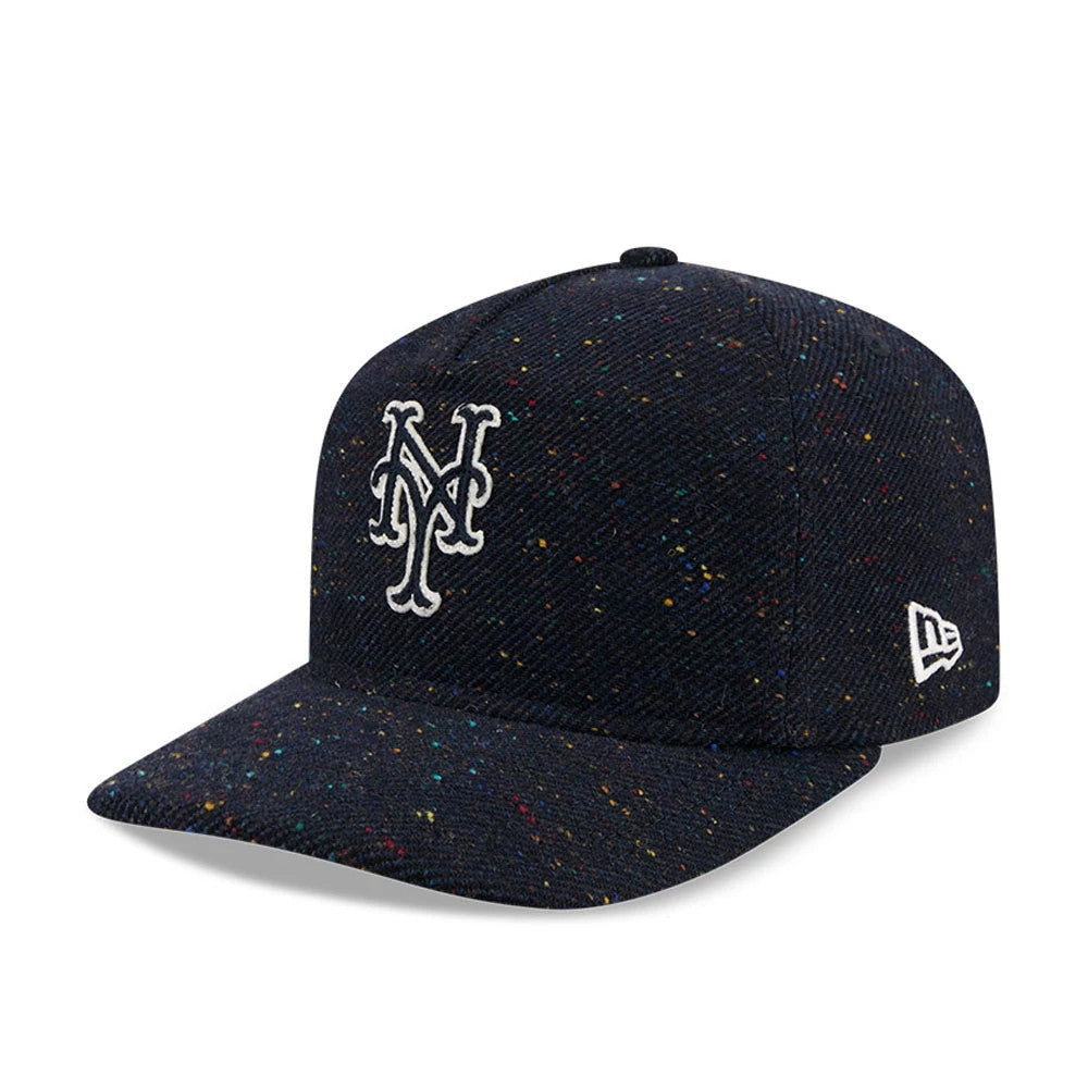 New York Mets MLB Speckled Wool Navy New Era 19TWENTY Adjustable Cap, front view showing the white embroidered NY logo on the speckled navy crown and visor, with the New Era flag logo on the left side.