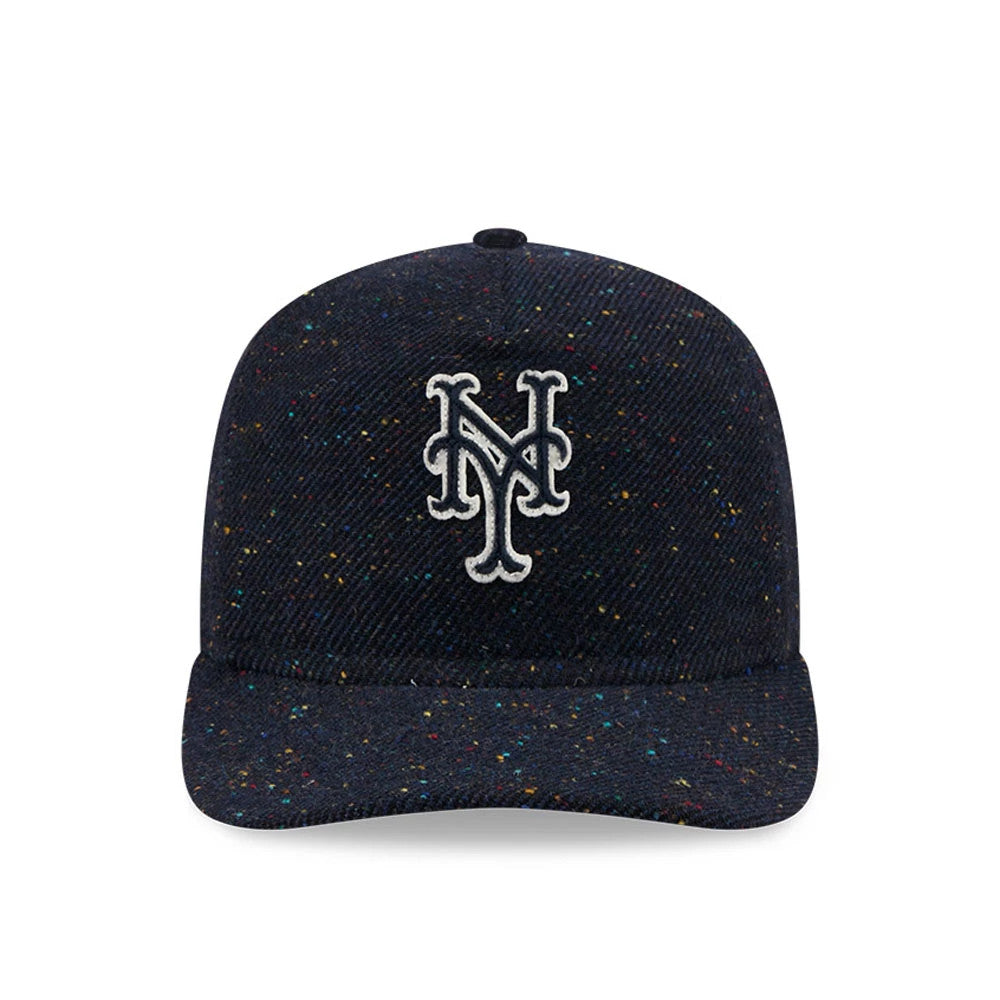 New York Mets MLB Speckled Wool Navy New Era 19TWENTY Adjustable Cap, front view showing the white embroidered NY logo on the speckled navy wool crown and visor, with a matching navy top button.