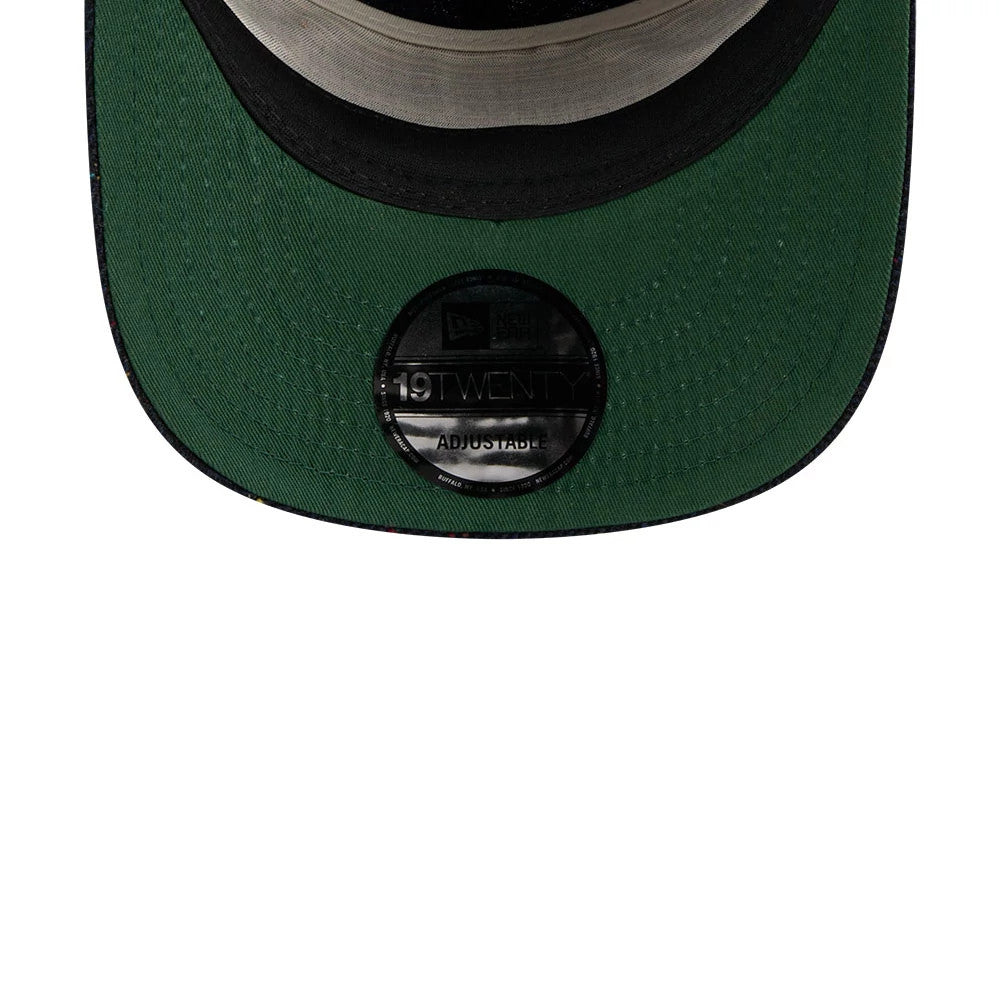 New York Mets MLB Speckled Wool Navy New Era 19TWENTY Adjustable Cap, inside view showing a green undervisor and black sweatband with the round 19TWENTY adjustable sticker in the centre.