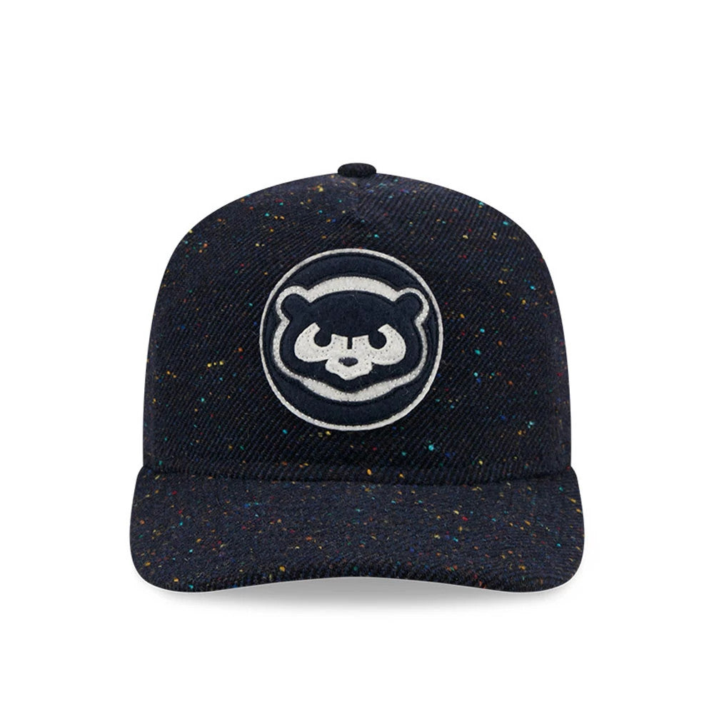 Chicago Cubs MLB Speckled Wool Navy New Era 19TWENTY Adjustable Cap, front view showing a white embroidered Cubs bear face logo on the structured navy speckled crown and matching curved visor.