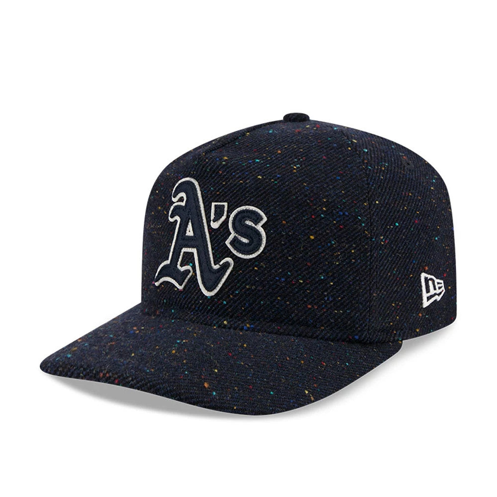 Athletics MLB Speckled Wool Navy New Era 19TWENTY Adjustable Cap, front view showing a white raised embroidered A’s logo on the front panel and a multicoloured speckled pattern on the navy wool fabric with a curved visor.