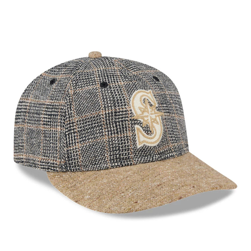 Seattle Mariners MLB Vintage Tweed Open Blue Retro Crown New Era 59FIFTY Fitted Cap, three-quarter view showing a beige and cream embroidered logo on the front panel, with a contrasting beige tweed visor and top button.