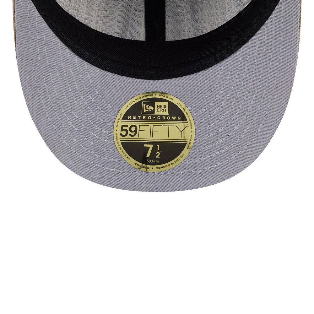 Boston Red Sox MLB Vintage Tweed Open Blue Retro Crown New Era 59FIFTY Fitted Cap, inside view showing the grey undervisor with a gold 59FIFTY size sticker and black taping on the crown.
