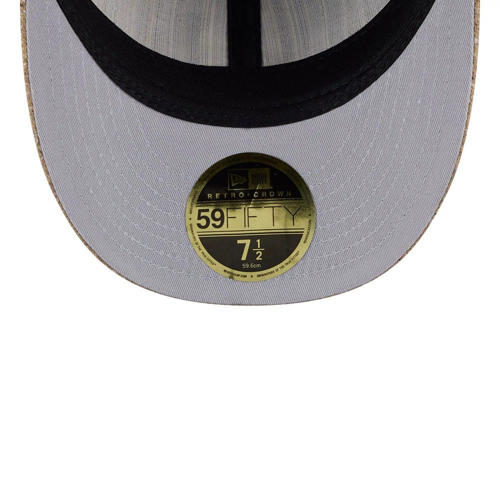 New York Mets MLB Vintage Tweed Open Blue Retro Crown New Era 59FIFTY Fitted Cap, inside view showing the grey undervisor with a gold 59FIFTY size sticker, black sweatband, and branded black taping.