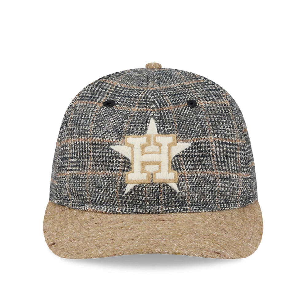 Houston Astros MLB Vintage Tweed Open Blue Retro Crown New Era 59FIFTY Fitted Cap, front view showing the beige embroidered team logo in a star outline on a tweed-patterned crown with a contrasting brown visor and matching top button.