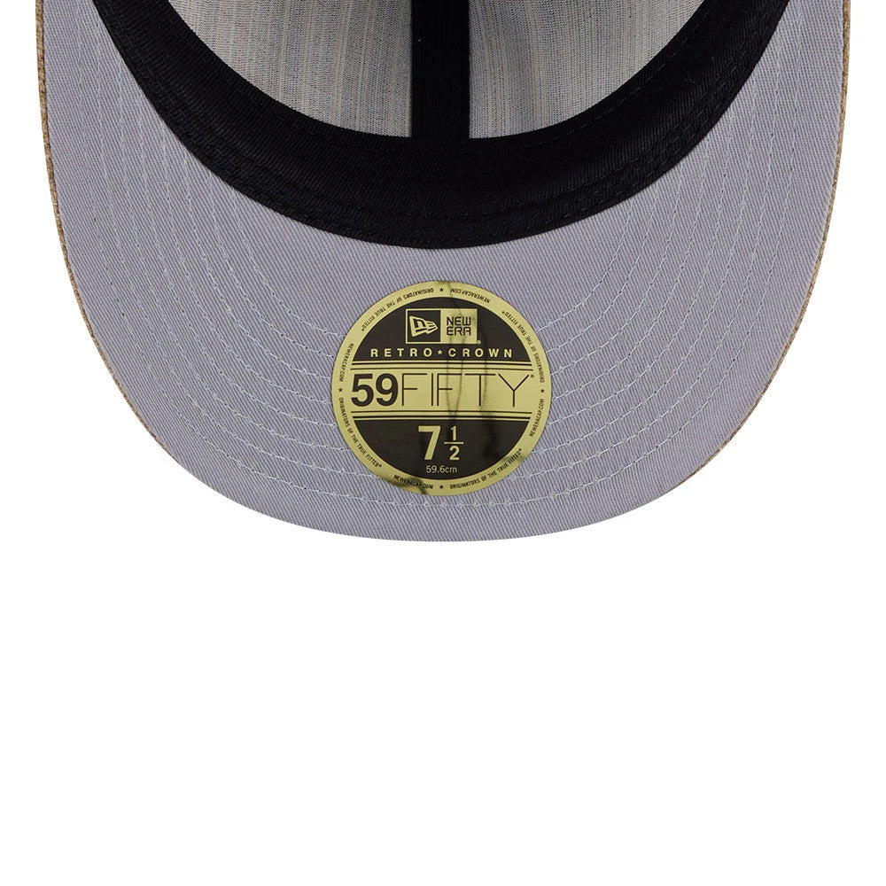 Houston Astros MLB Vintage Tweed Open Blue Retro Crown New Era 59FIFTY Fitted Cap, inside view showing the light grey undervisor, black sweatband, and taping, with a prominent gold 59FIFTY size sticker at the centre.
