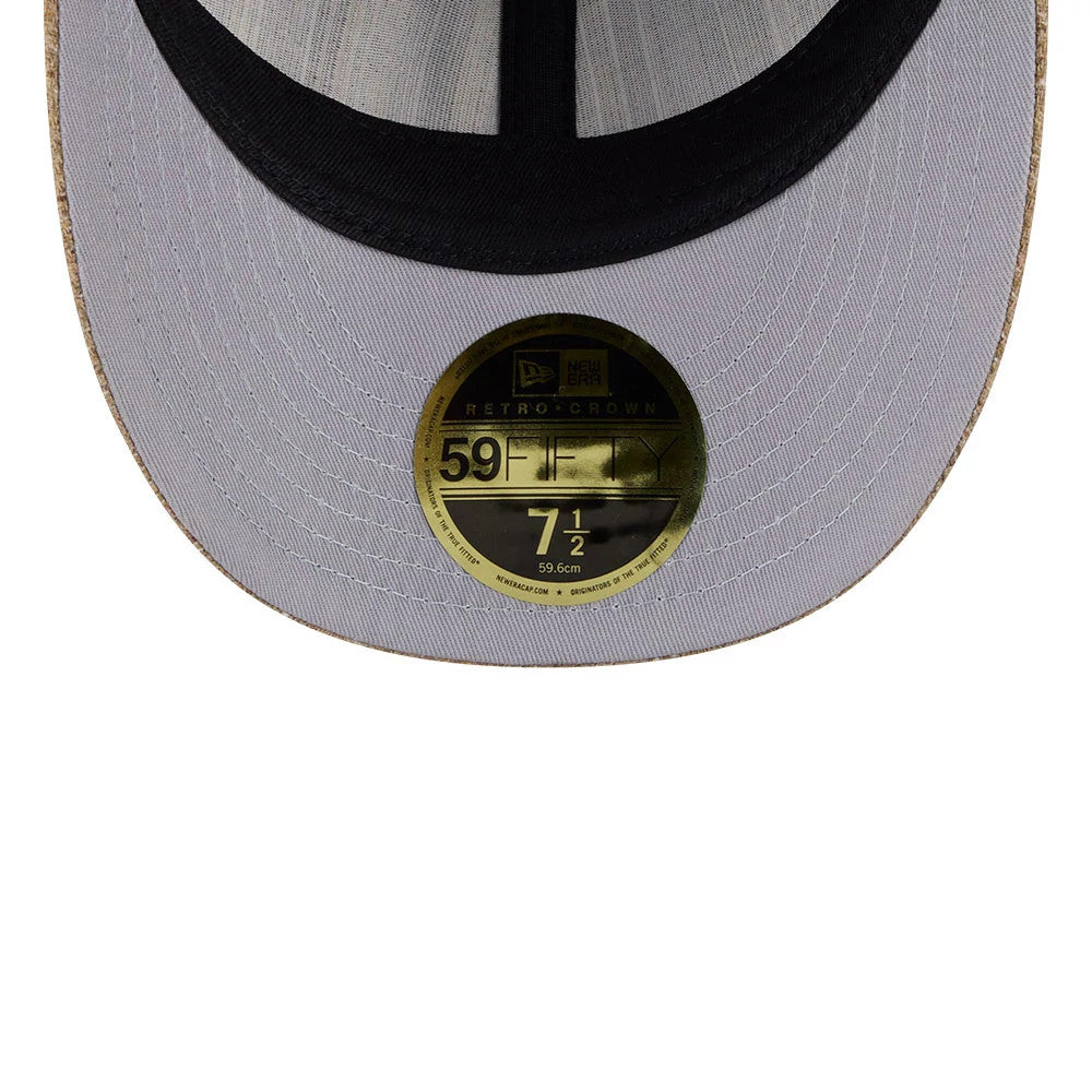 Detroit Tigers MLB Vintage Tweed Open Blue Retro Crown New Era 59FIFTY Fitted Cap, inside view showing a grey undervisor with a gold 59FIFTY size sticker, black sweatband, and contrasting inner taping.