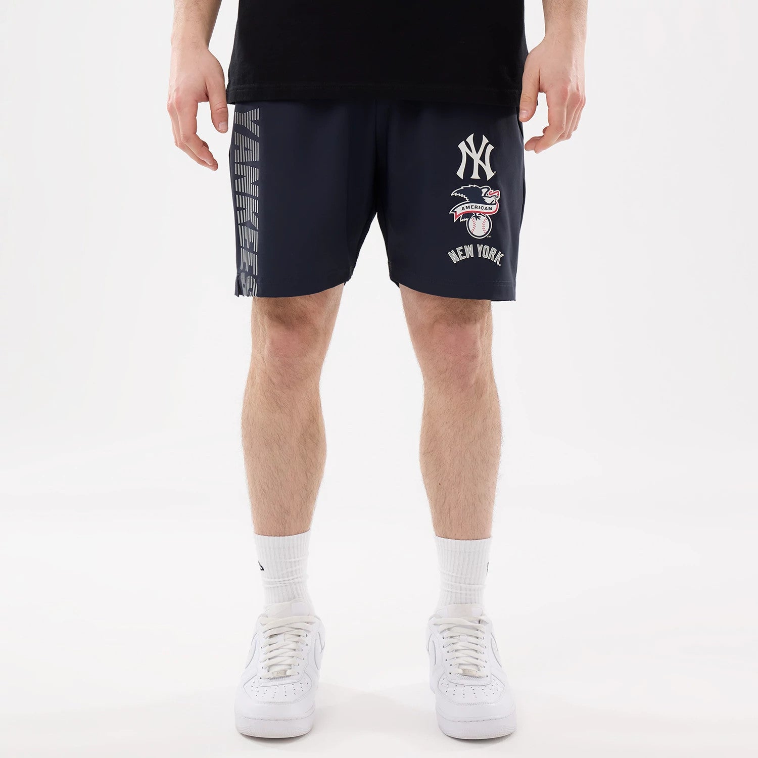 The model is wearing this MLB Match New York Yankees Oversized Shorts in navy. 1
