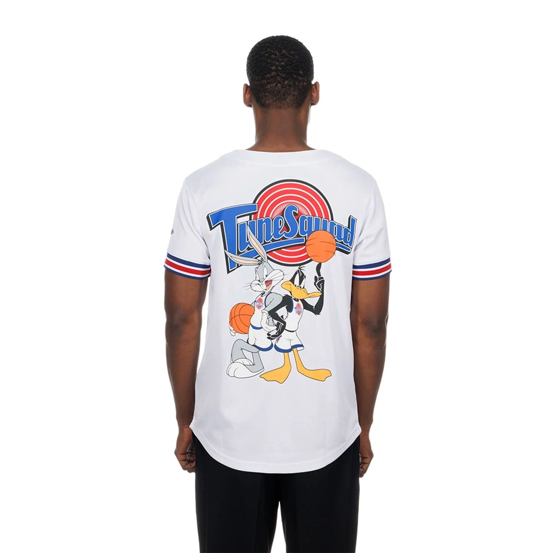 The model is wearing this Warner Brothers Space Jam Mesh Jersey in white. 2