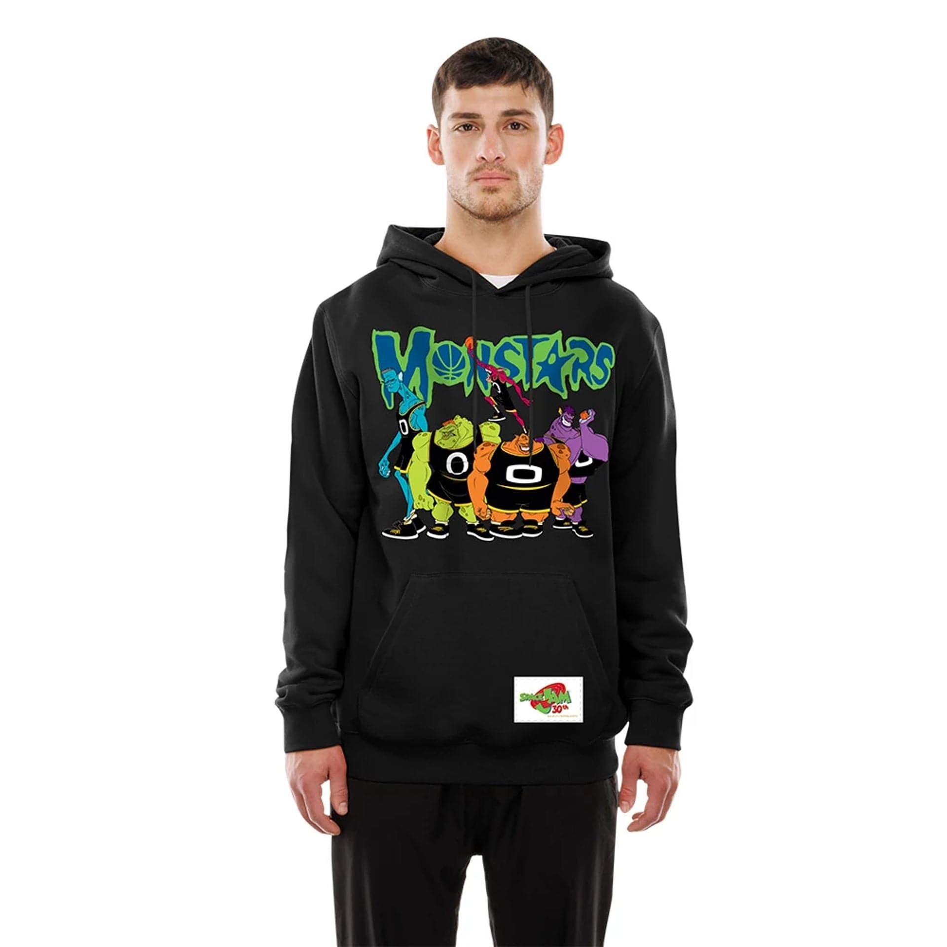 The model is wearing this Warner Brothers Space Jam Pullover Hoodie in black. 1