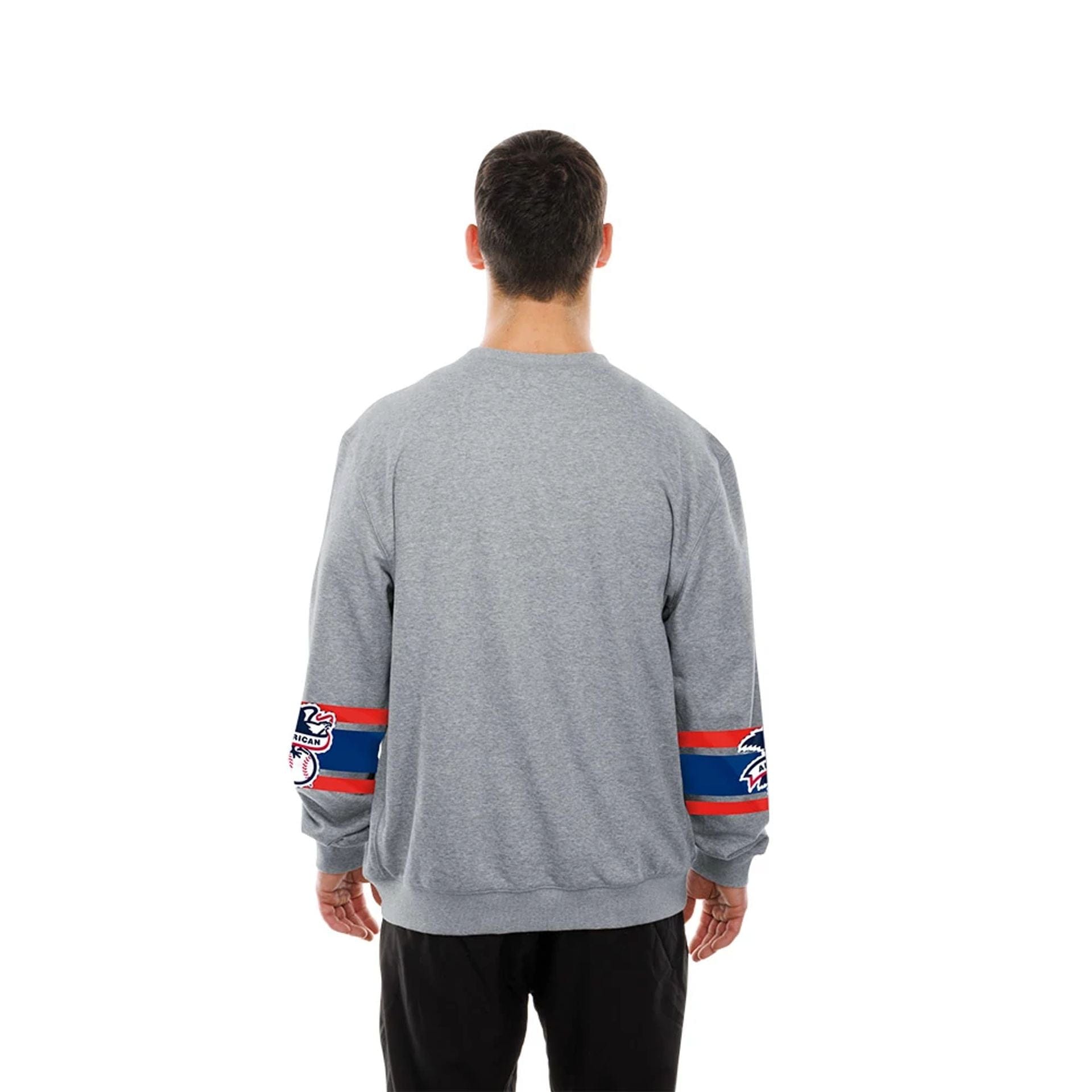 The model is wearing this MLB Sport Classic Toronto Blue Jays Crew Neck Sweater in grey. 2