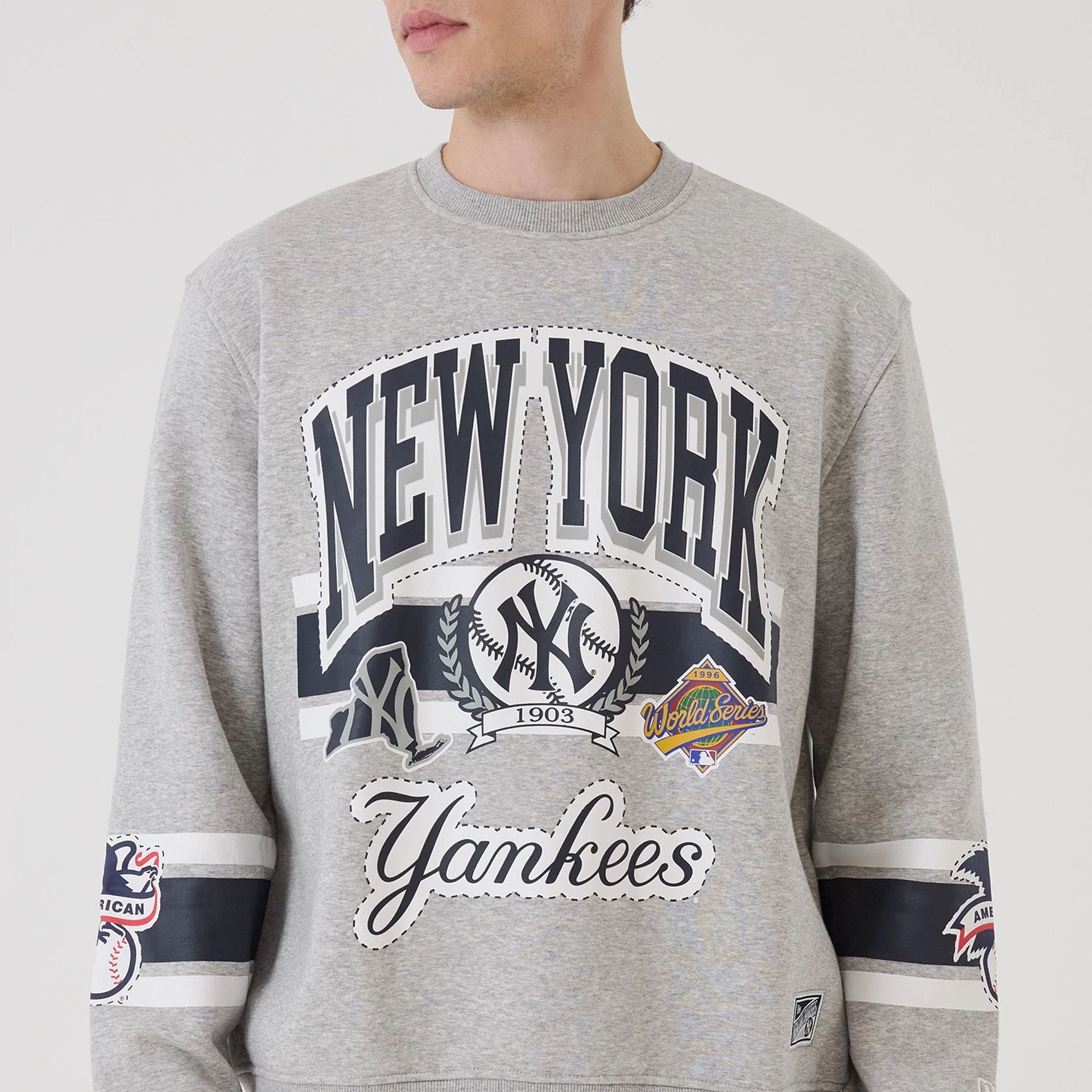 The model is wearing this MLB Sport Classic New York Yankees Crew Neck Sweater in grey. 1