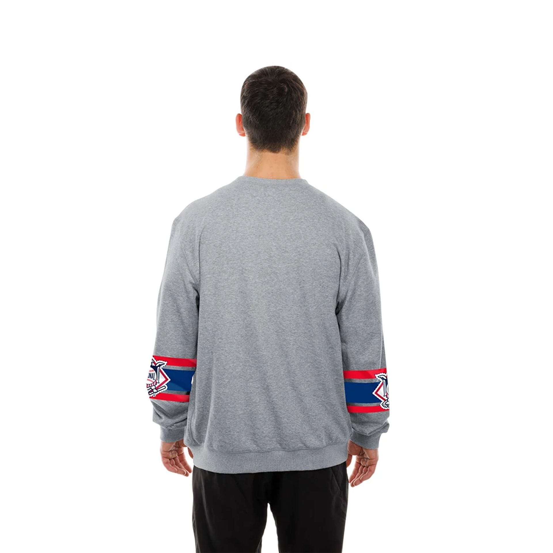 The model is wearing this MLB Sport Classic LA Dodgers Crew Neck Sweater in grey. 2