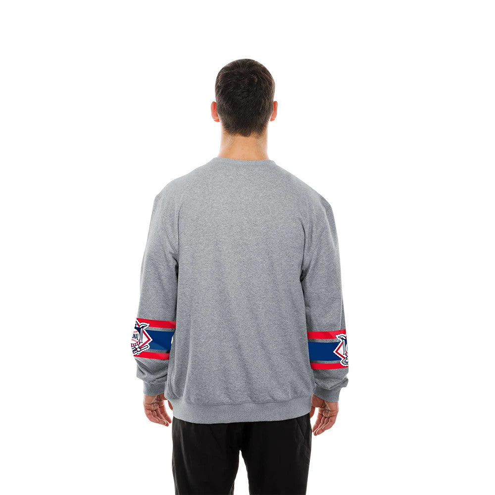 The model is wearing this MLB Sport Classic LA Dodgers Crew Neck Sweater in grey. 2