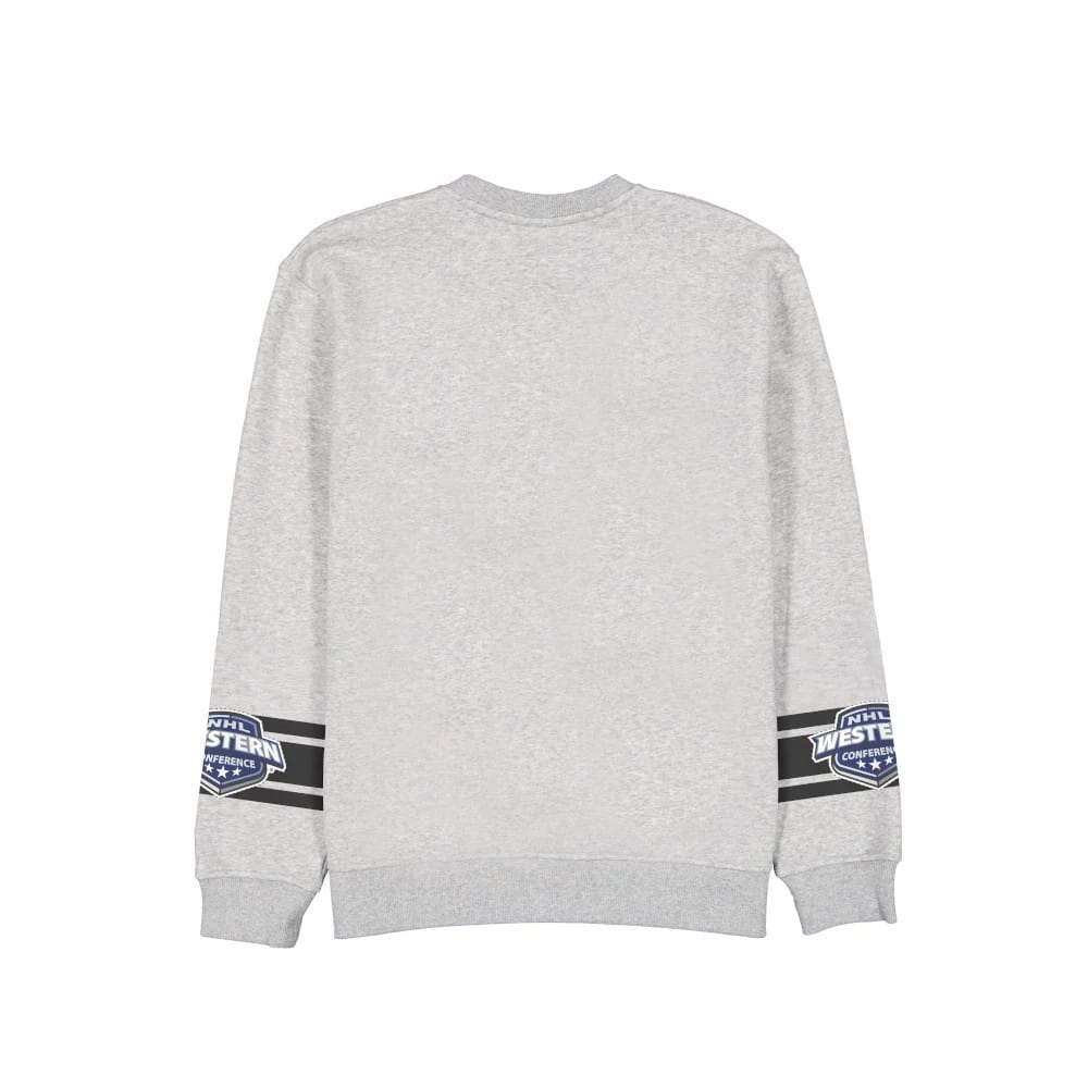 New Era LA Kings NHL Sport Classic Grey Crew Neck Sweater, rear view showing the plain grey back with detailed NHL Western Conference patch on the lower sleeves above the ribbed cuffs.