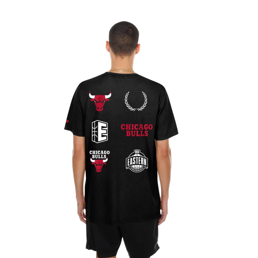 New Era Chicago Bulls NBA Match Black T-Shirt, back view showing various graphics including the red Bulls logo and lettering, an Eastern Conference badge, and laurel wreaths printed in white on the black fabric.