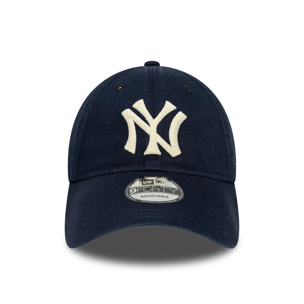 New York Yankees Ralph Lauren x MLB Navy Long Visor New Era 9FORTY Adjustable Cap, front view showing a cream embroidered NY logo on the structured navy crown, with a 9FORTY size sticker on the slightly curved visor.