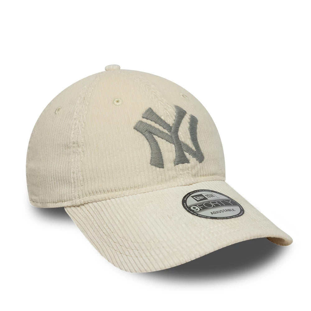 New York Yankees Ralph Lauren x MLB Cord Open Beige Long Visor New Era 9FORTY Adjustable Cap, front view showing the raised grey NY logo embroidered on the crown, with a curved beige cord visor and a 9FORTY size sticker.
