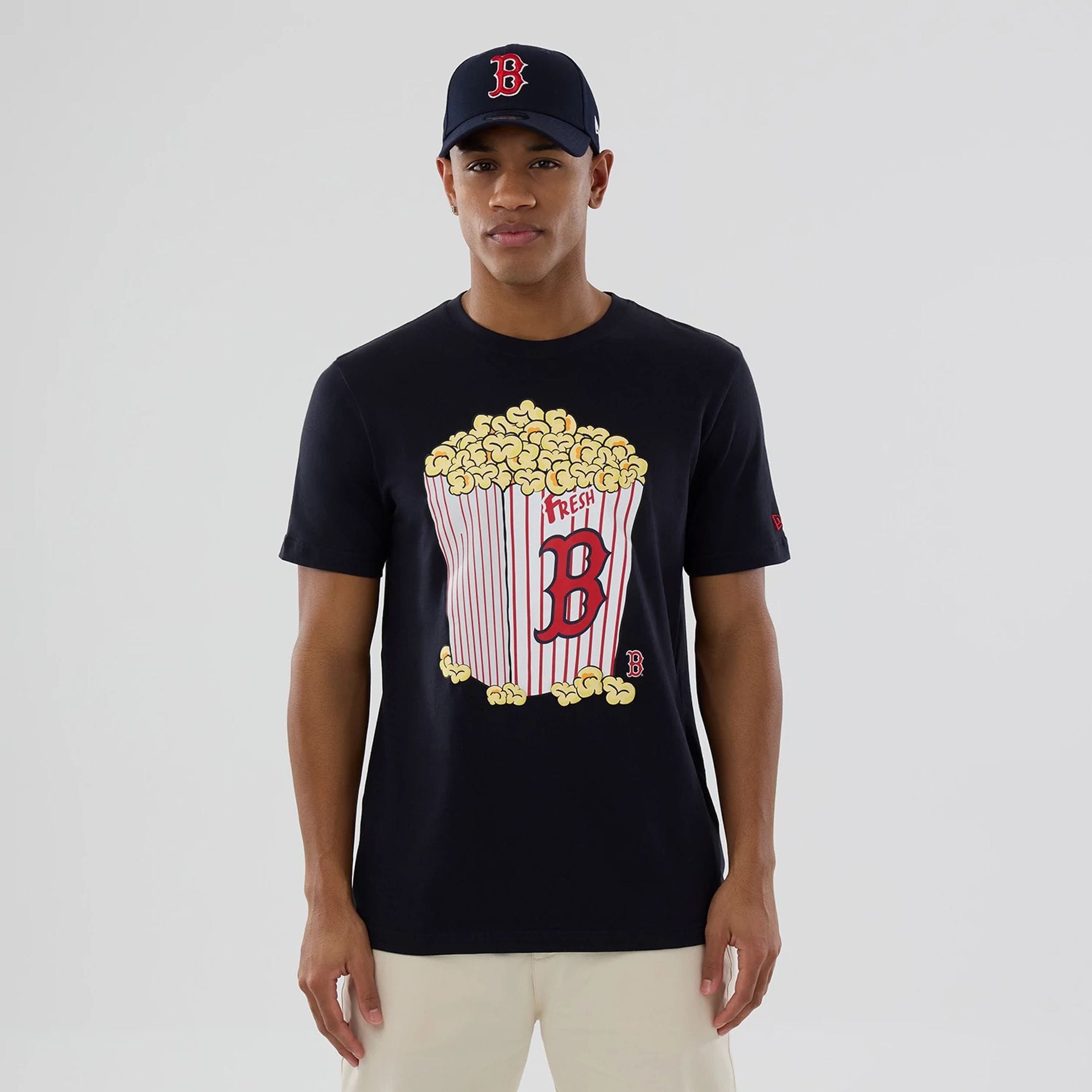 The model is wearing this MLB Popcorn Boston Red Sox T-Shirt in navy. 1