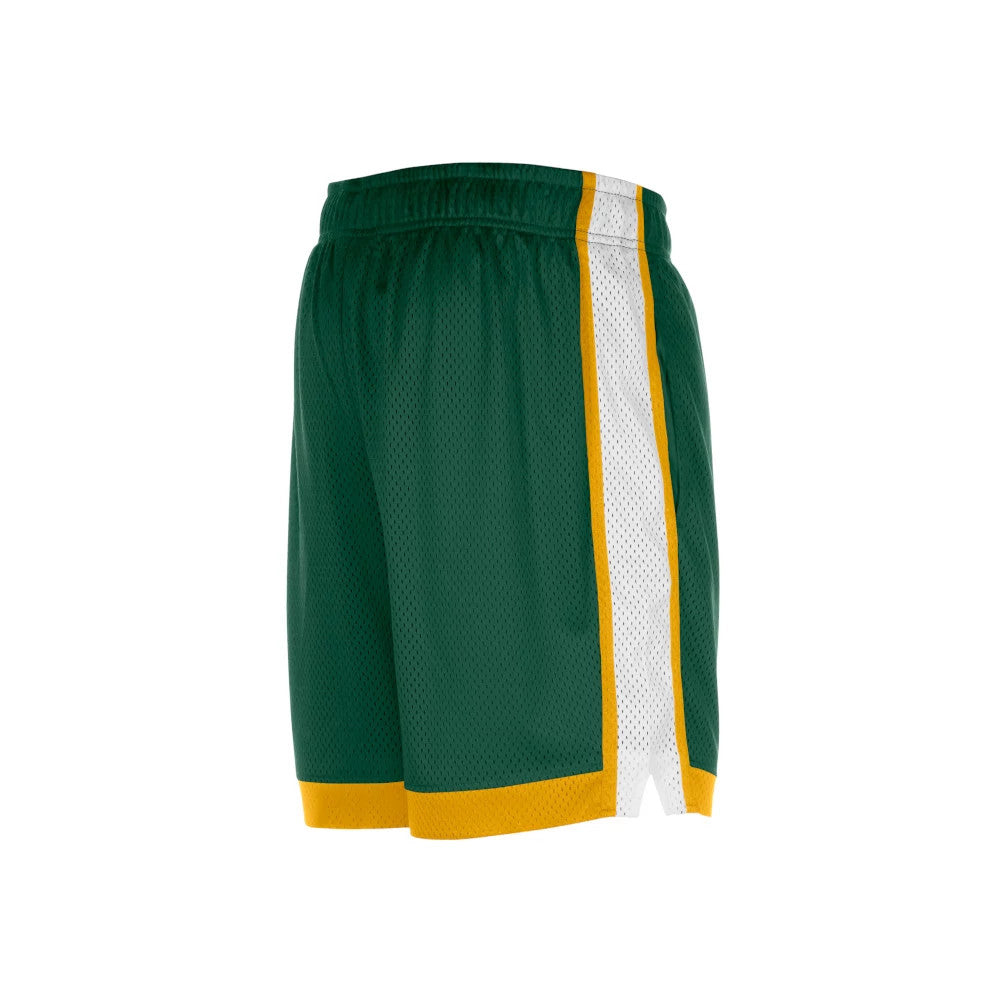 New Era Athletics MLB Dark Green Mesh Shorts, side view showing the dark green mesh fabric with a yellow and white stripe running down the side seam and a matching yellow trim at the hem.