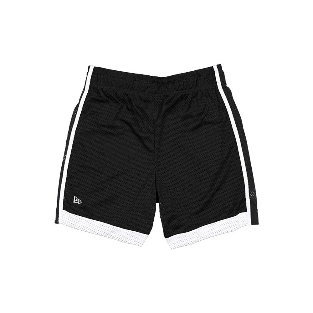 New Era Brooklyn Nets NBA Black Mesh Shorts, front view featuring a clean black mesh fabric with a white embroidered New Era logo near the left hem and contrasting white side stripes extending from the waist to the hem.